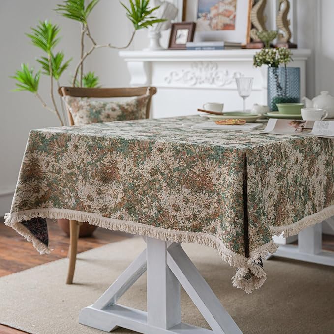 VClife Aesthetic Green and Beige Floral Table Cloth, Linen Texture Table Cloth by VCLIFE