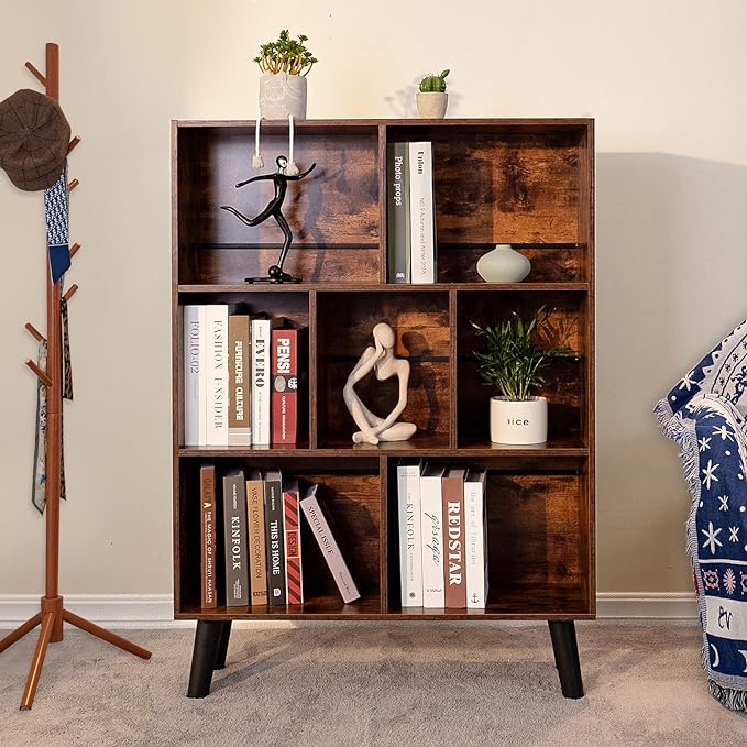 LEYAOYAO Cube Bookshelf 3 Tier Mid-Century Rustic Brown Modern Bookcase - Image 3