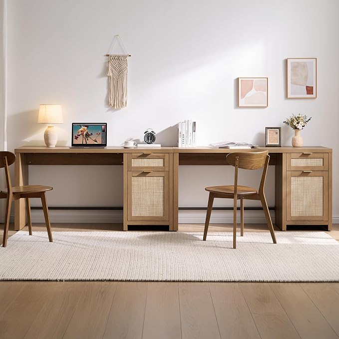SICOTAS Rattan Home Office Desk, 2 Pieces Farmhouse Boho Executive Desk - Image 4