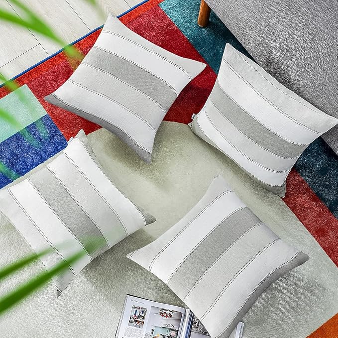 AmHoo Pack of 2 Farmhouse Stripe Check Throw Pillow Covers Set Case Cotton - Image 4