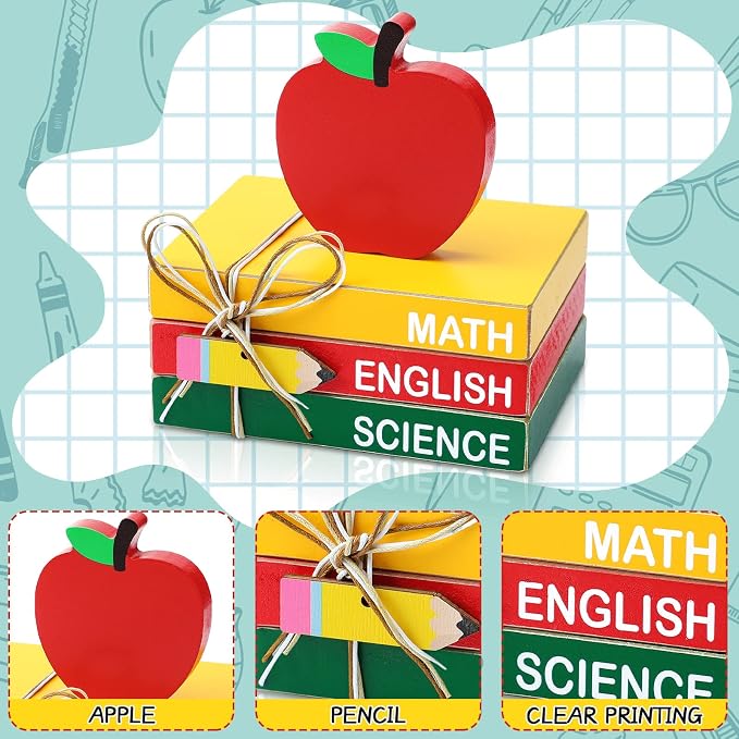 Pinkunn 4 Pcs Back to School Table Decorations, Wooden Apple Centerpiece Stacks - Image 4