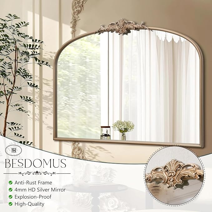 Besdomus Arched Vintage Gold Mirror: 40"x29" French Large Champagne Gold - Image 7