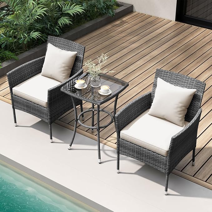 Tangkula 3-Piece Patio Furniture Set, PE Wicker Conversation Bistro Set w/A - Image 2