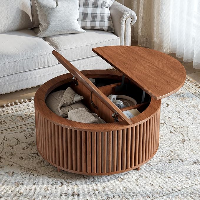 Evermagin 31.5'' Round Coffee Table, Fluted Lift Top Oak Coffee Table - Image 6