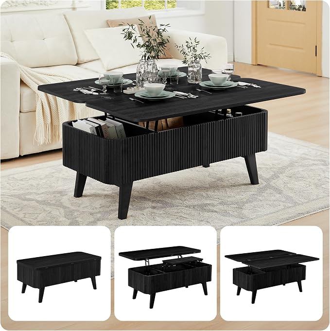 Fluted Lift Top Coffee Table, 3 in 1 Convertible Coffee Tables Converts to - Image 3