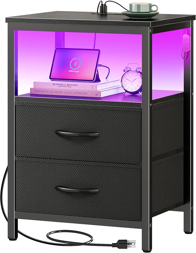 Huuger Night Stand with Charger Station and LED Lights, 2 Drawer Nightstand by Huuger