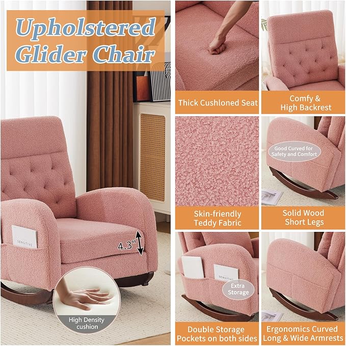 VINGLI Teddy Fleece Low Seat Rocking Chair, Boucle Upholstered Nursery Glider - Image 4