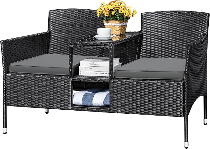 Devoko Outdoor Patio Loveseat Modern Rattan 2-Seat Patio Conversation Set by DEVOKO