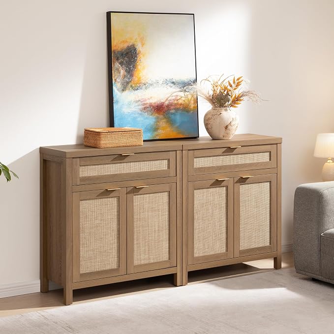 SICOTAS Sideboard Buffet Cabinet Set of 2, Rattan Credenza Storage Cabinet - Image 9