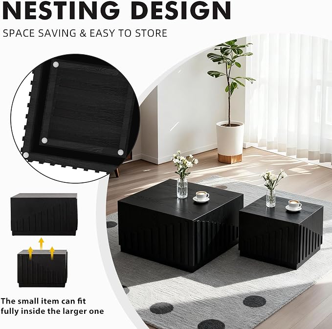 Black Nesting Tables for Living Room, Square Nesting Coffee Table Farmhouse - Image 6
