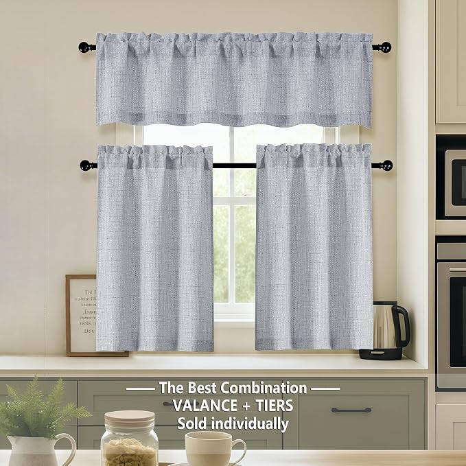 OVZME Grey Valance for Windows, Light Filtering Faux Linen Textured Small Cafe - Image 2