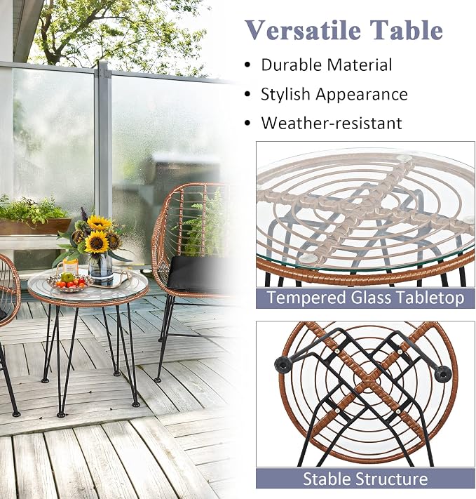 Tangkula 3 Pieces Patio Conversation Bistro Set, Outdoor Wicker Furniture - Image 6