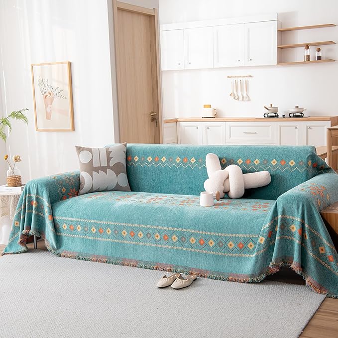 DREAMINGO Teal Boho Couch Cover Jacquard Chenille Sofa Covers Washable 3 Seater by DREAMINGO