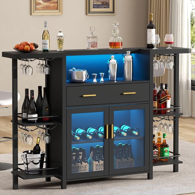 Loomie Bar Table Cabinet with LED Lights & Drawer, 8-Tier Wine Bar Cabinet with by LOOMIEDirect