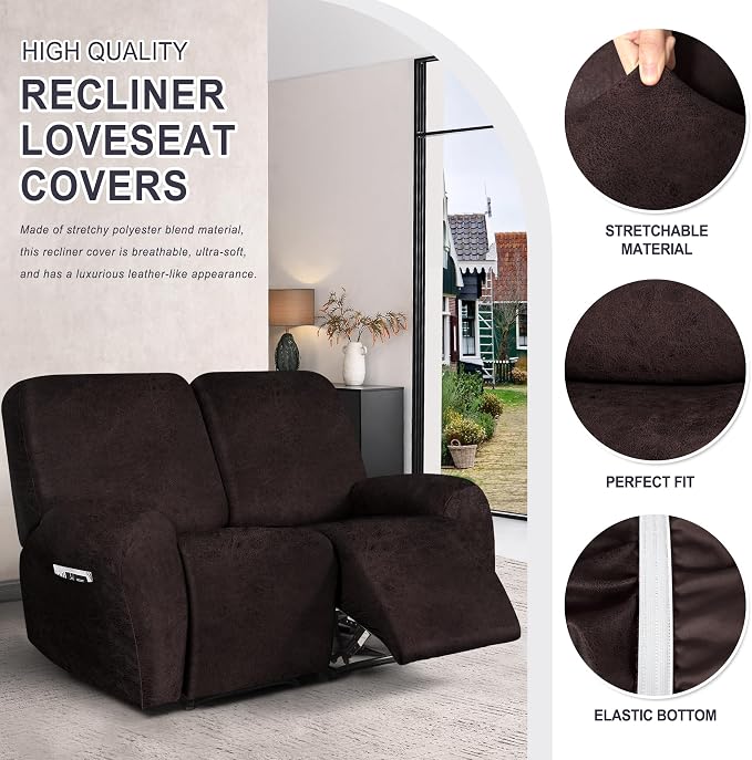 ANARACHON Leather Look Loveseat Recliner Cover, 6-Pieces Stretch Dual Recliner - Image 4