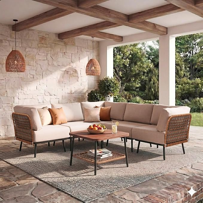 6-Piece Patio Conversation Set, Outdoor Sectional Sofa Modular Wicker Furniture by Mugovelo