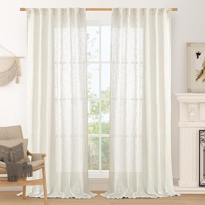 LAMIT Cream Linen Curtains 84 inch Length 2 Panels, Light Filtering Semi Sheer by LAMIT