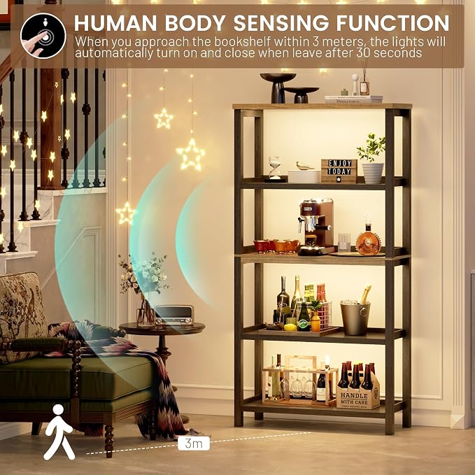 Vlsrka Wooden Bookshelf with Lights, 5 Tier Bookshelf with Storage, Tall - Image 5