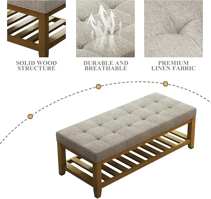 Befurtori Large Rectangular Upholstered Ottoman Bench, Linen Tufted Footrest - Image 6
