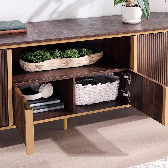 OKD 70" Fluted TV Stand with Storage, Faux Marble Top Entertainment Center - Image 3
