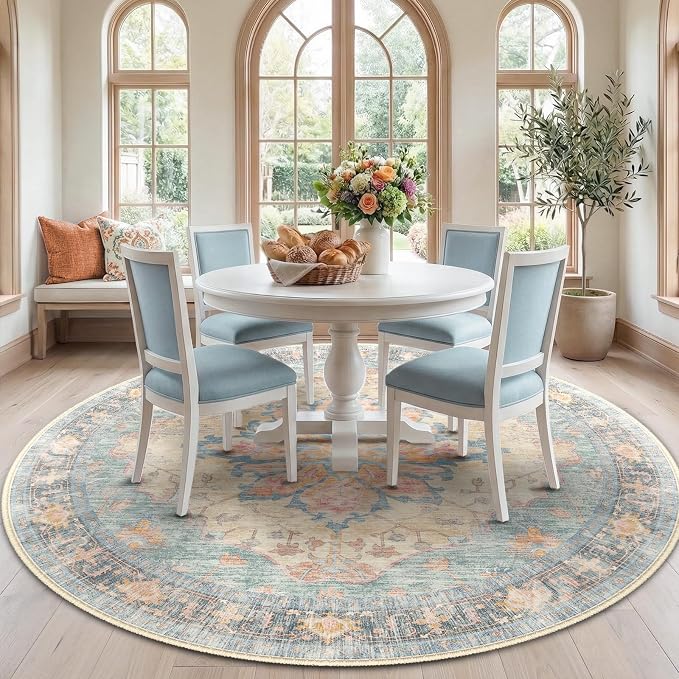 RELEANY Area Rugs Round 7ft Washable Non-Slip, Floral Vintage Distress Print by RELEANY