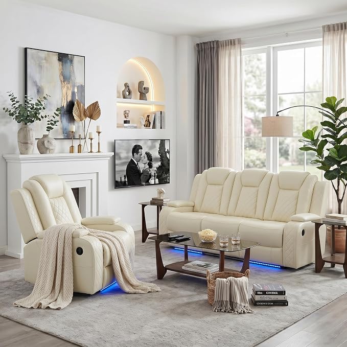 Power Recliner Sofa Set with LED Lights, Includes a Manual Recliner 1 Seat and by Unknown
