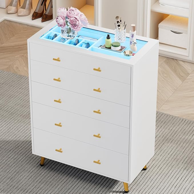 5 Drawer Dresser for Bedroom, 30.7" W x 38" H Tall Tempered Glass Top Dresser by DesignedforYourHome