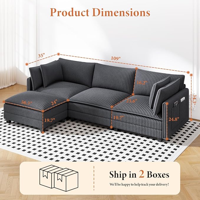 Vesgantti 109" L Shaped Cloud Sectional Couch, Comfy Corduroy Upholstered - Image 2