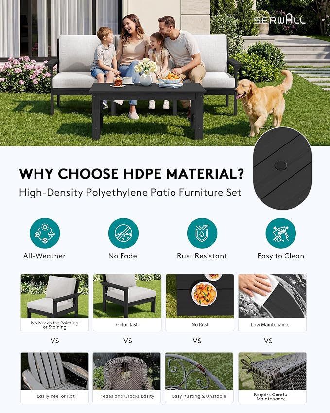SERWALL HDPE Patio Sofa Set, 4-piece Sectional Outdoor Furniture Set, All - Image 3