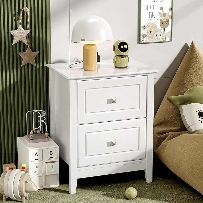 Bonnlo White Nightstand with Charging Station Night Stand White Wood Nightstand - Image 5