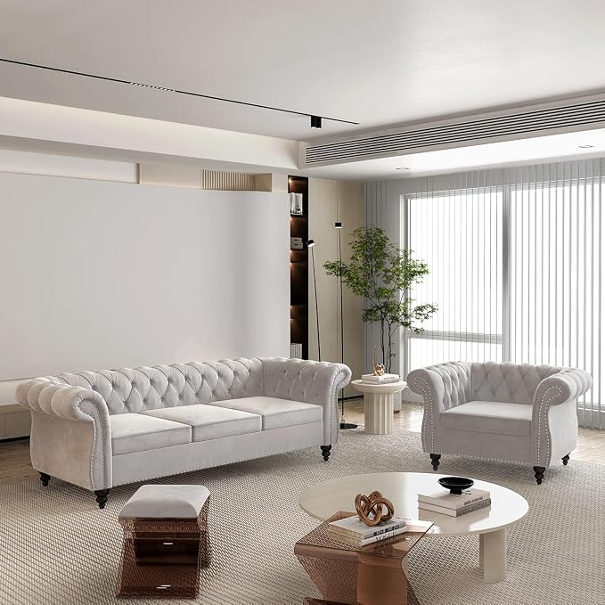 Chesterfield 3 Seater Sofa, Modern Velvet Tufted Couch 3 Seater - Image 7