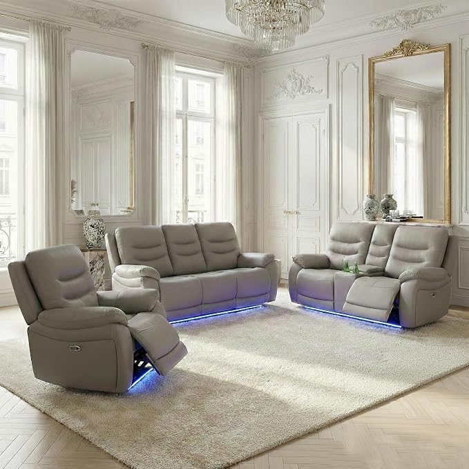 Power Recliner Sofa Set with LED, Air Leather Living Room Furniture Set by PonlivingFurniture