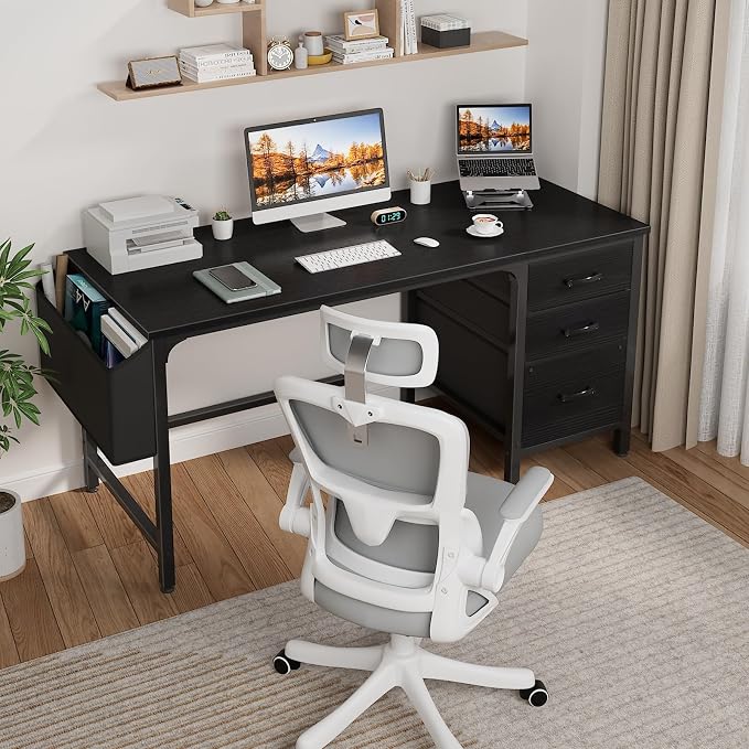 Lufeiya Computer Desk with Fabric File Drawers Cabinet, 55 Inch Reversible Home - Image 2