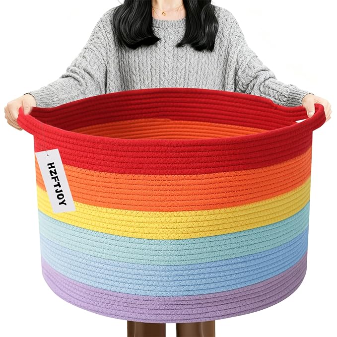 90L Large Blanket Basket, 21.7"L x 21.7"W x 13.8"H Rope Woven Baskets by HZFTJOY