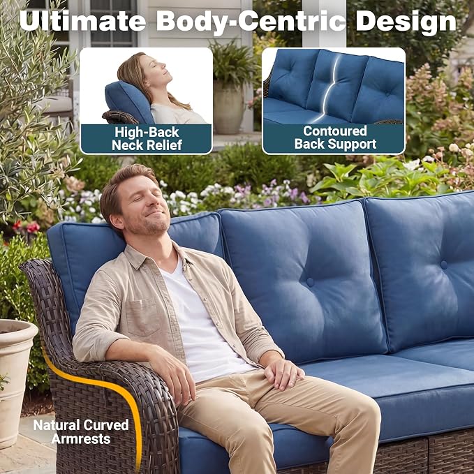 Patio Furniture Set, High Back Rattan Sofa, Weather Resistant Olefin Fabric - Image 3