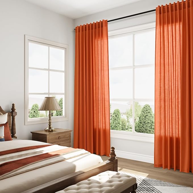 Extra Long Curtain Bright Orange Morden Linen Blend Light Filtering Back Tab - Image 8