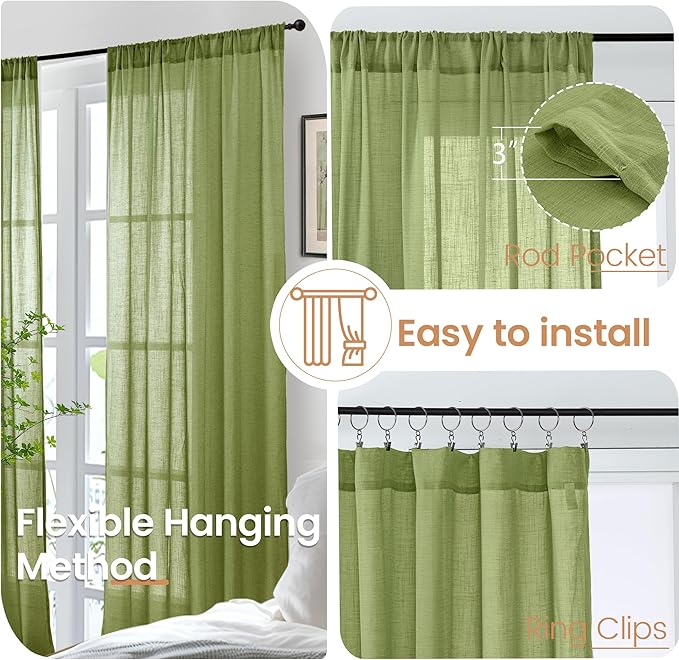 BGment Green Linen Curtains 45 Inch Length - Image 6