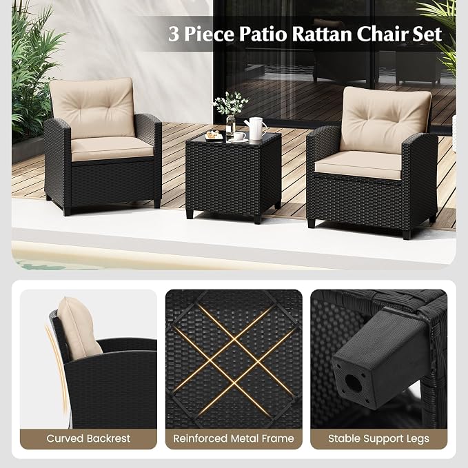 Tangkula 3 Piece Patio Furniture Set, Rattan Conversation Set w/Soft Seat & - Image 7