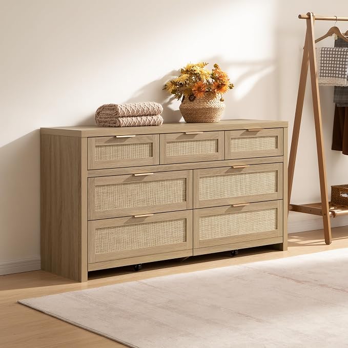 SICOTAS 7 Drawer Dressers for Bedroom Set 2, Long Rattan Dresser, Dresser TV - Image 8