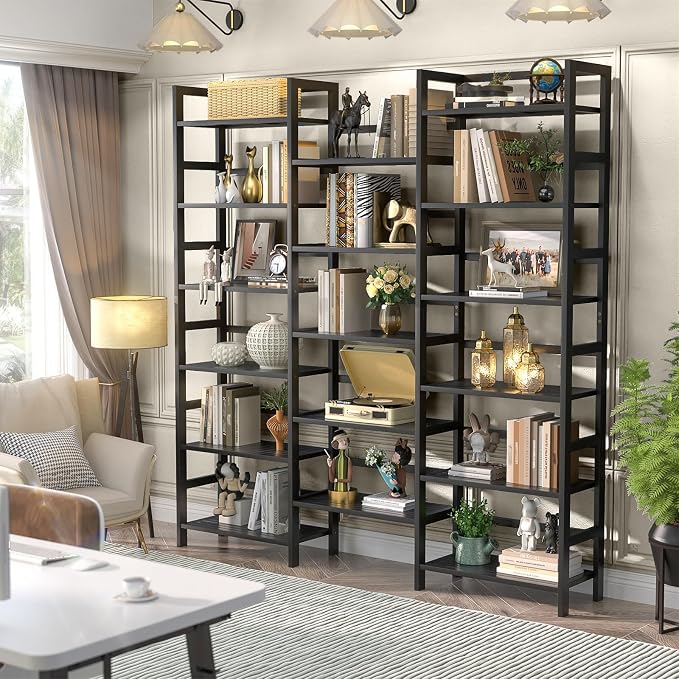 Homykic Bamboo Bookshelf, 71” Tall Triple Wide Bookcase - Image 2