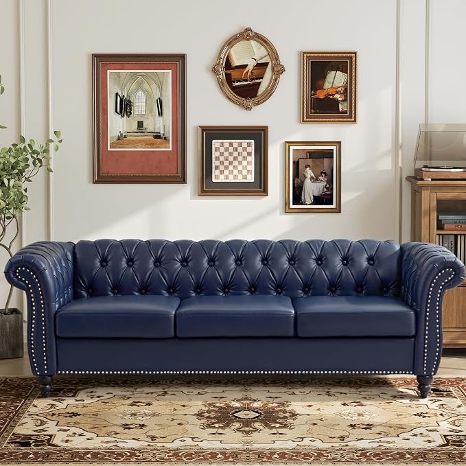 Mid-Century 3 Seater Sofa, Faux Leather Couch - Image 3