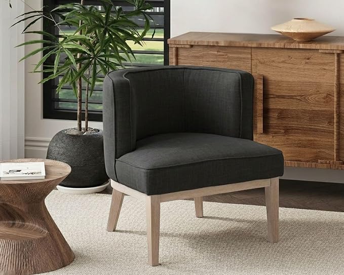 Gray Barrel Chair, Small Round Accent Chair, Comfy Linen Accent Chair - Image 3