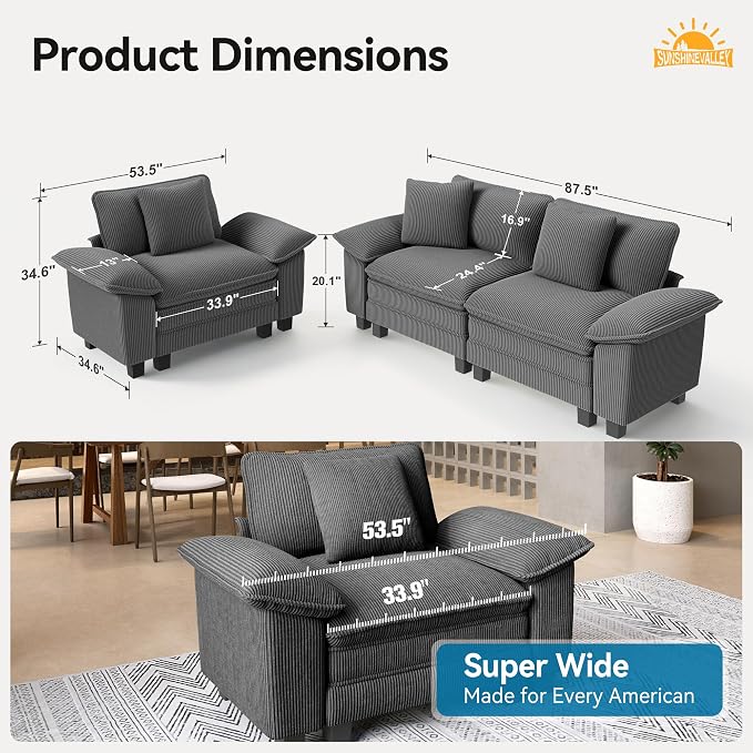 SUNSHINE VALLEY 87.5'' Oversized Loveseat Couch and Chair Set, 3-Seat Corduroy - Image 2