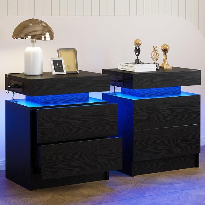 LIKIMIO Night Stand Set of 2, Modern Black Nightstand by LIKIMIO