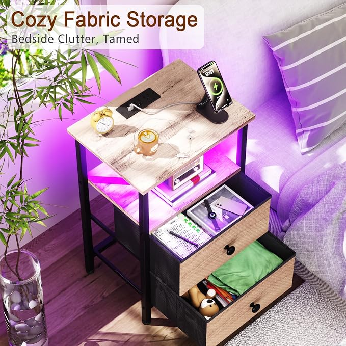 LOAKEKEL Night Stand with Charging Station and LED, Bedside Table with USB - Image 6