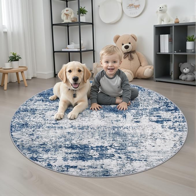 Round Area Rug for Living Room: 4 ft Washable Modern Abstract Soft Thin Rug - Image 2