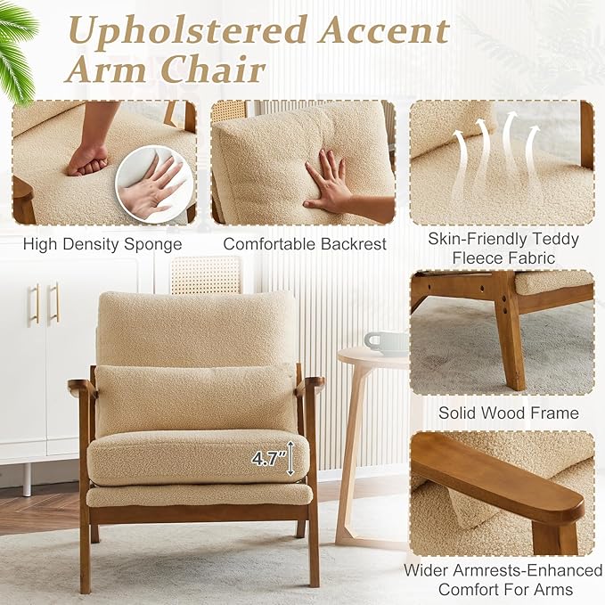 VINGLI Solid Wood Wide Armrests Accent Chair Set of 2, Upholstered Mid Century - Image 5