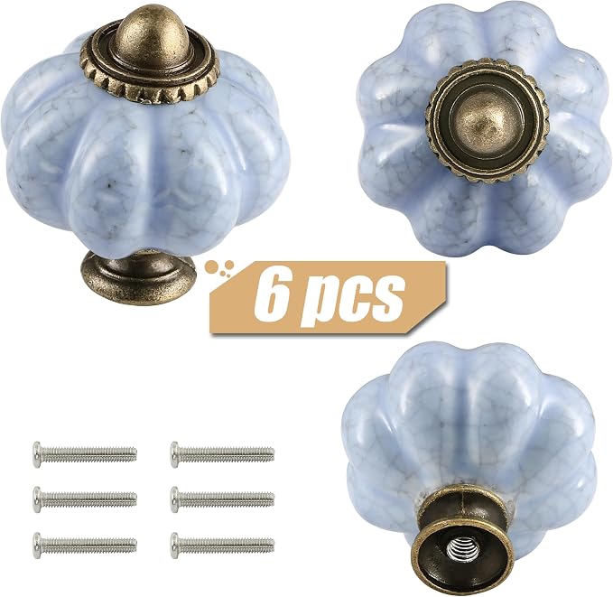 Blue Crackle Pumpkin Knobs 6 Pack Ceramic Cabinet Knobs Vintage Drawer Pulls - Image 2