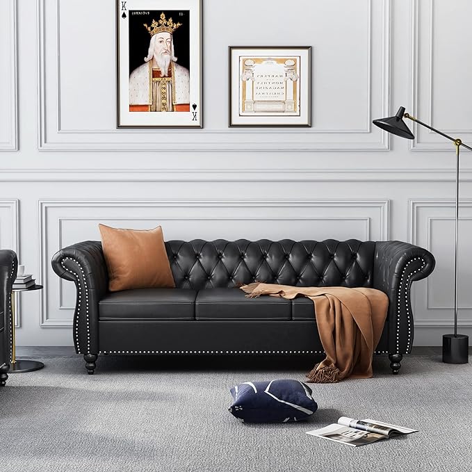 ORRD 2 Pieces Living Room Set, Chesterfield Leather Sofa Loveseat Couch - Image 4