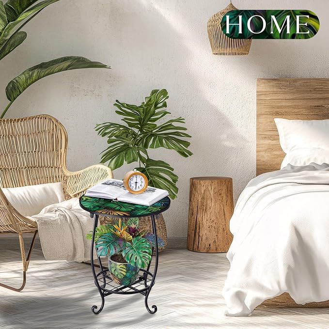 Cinnvoice Outdoor Side Table Round Small Mosaic Patio Accent Indoor End Plant - Image 6